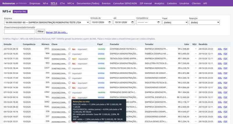 Lista de NFS-e com o selo Ret. e a caixa de detalhe mostrando INSS retido, PIS/COFINS/CSLL retidos, ISS retido pelo tomador e IRRF retido, com base, percentual e valor.